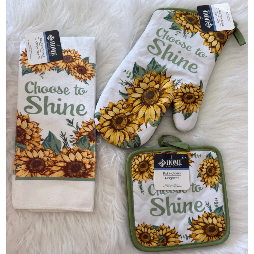 Home Collection 3pc Kitchen Set Sunflower Bee Oven Mitt Pot Holder Towel Green